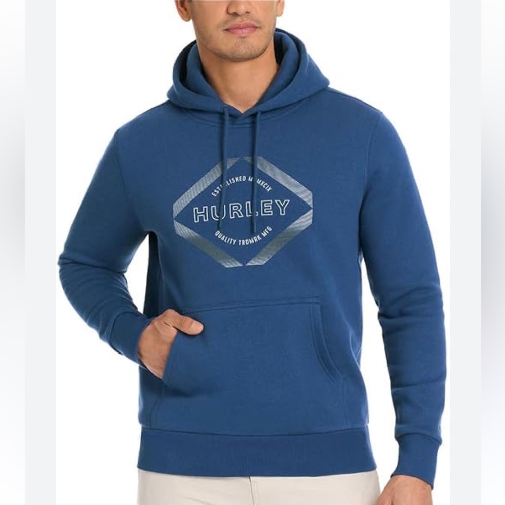 Hurley Men’s Blue Fleece Logo‎ Front LS Pullover Hoodie Large NWT